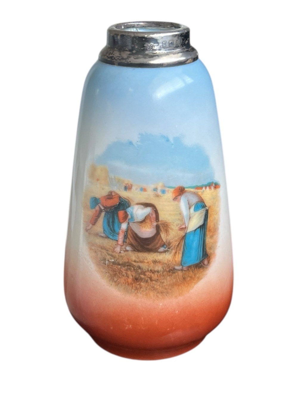 Royal Bayreuth • Antique “The Gleaners” Sterling Silver Rim Small Vase